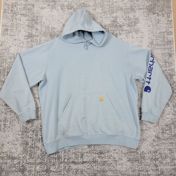 Carhartt Hoodie Mens XXL 2XL Blue Loose Sweatshirt Sleeve Spellout K288 Thrashed - Picture 1 of 16